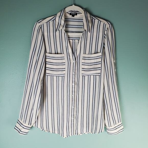 Express Outlet Womens Cream Multicolor Striped Button Up LS Shirt Size Medium - Picture 1 of 7